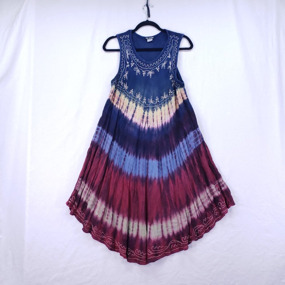 Ma Guggi Multicolor Lightweight Hippie Boho Embroidery Tie Dye Dress One Size